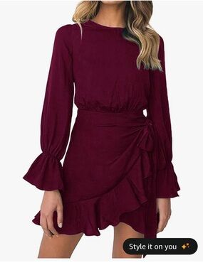 Women's Long Sleeve Ruffle Wrap Dress - Burgundy